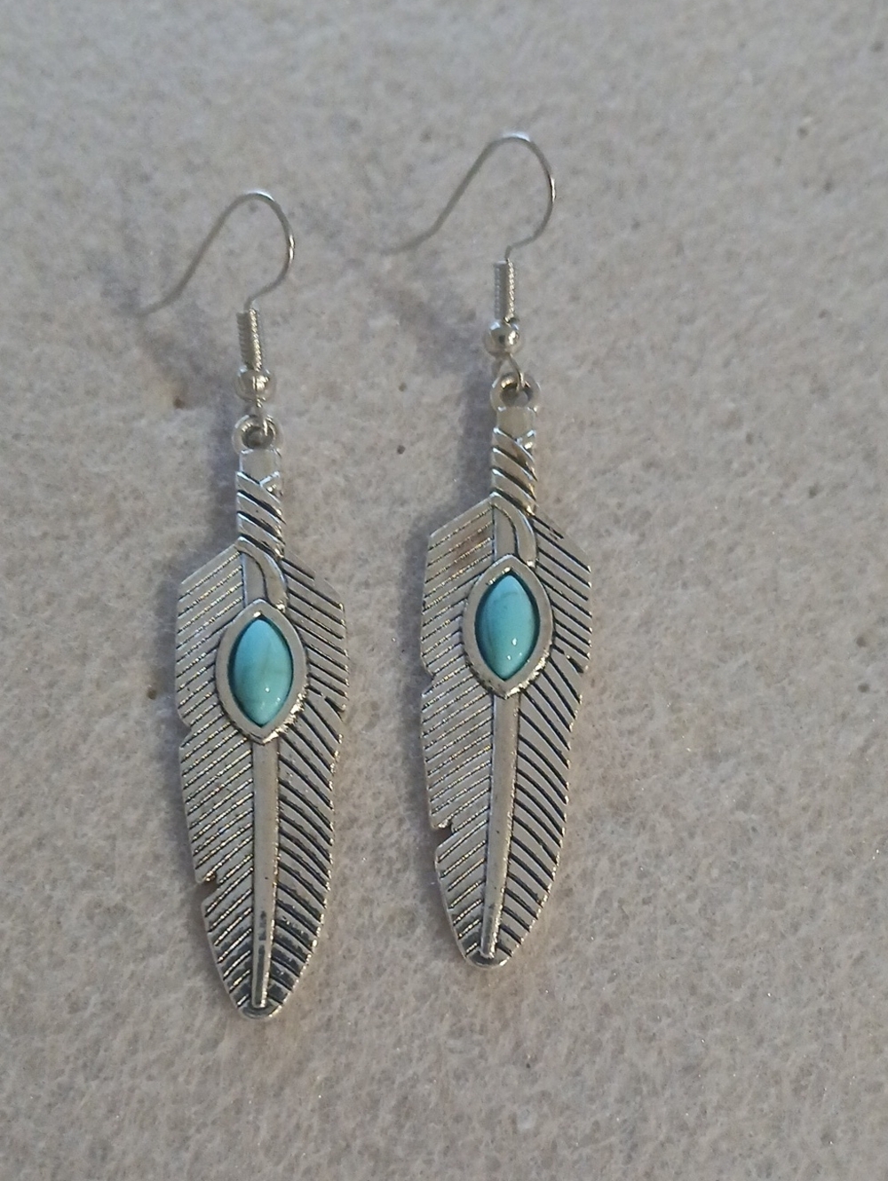 231- Silver Feather Drop Earrings with Turquoise Stone - Women Jewelry